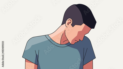 Minimalist portrait of pensive man in casual t-shirt with downcast gaze