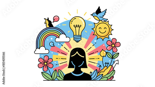 Inspiration and creativity cartoon: woman with bright ideas and nature elements