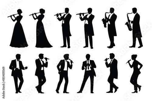 Silhouettes of musicians playing various brass and wind instruments performing