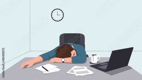 Exhausted employee sleeping at office desk with laptop and coffee during work