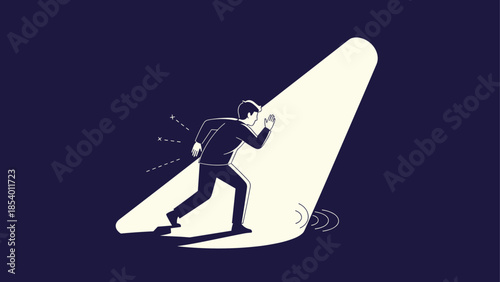 Person hiding from spotlight: surprised expression in minimalist dark space scene