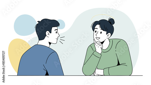 Casual conversation: young adults engaged in dialogue with modern flat art style