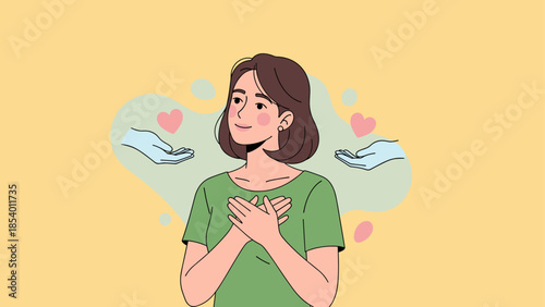 Woman feeling grateful surrounded by kindness and love in a cartoon style