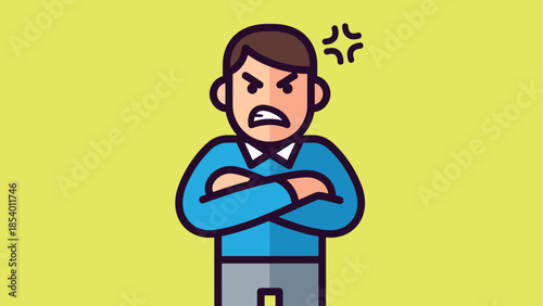 Angry cartoon character with folded arms on yellow background