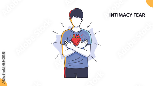 Concept of intimacy fear in minimalist style with human embracing heart