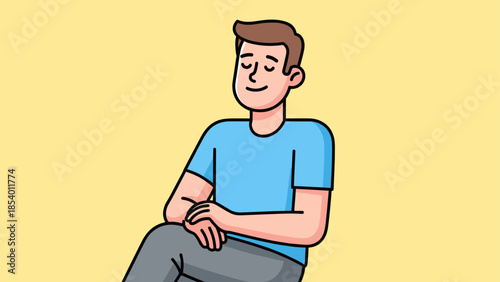 Relaxed man sitting with closed eyes in casual outfit on yellow background