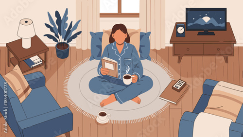 Cozy living room morning with woman in pajamas reading and enjoying coffee