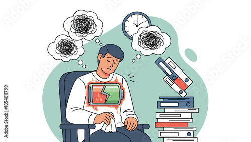 Exhausted office worker with low battery symbol and pile of files, stressful workplace concept