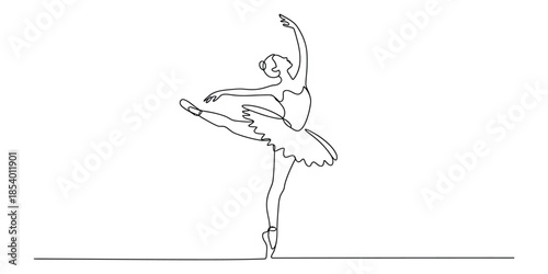 Elegant single continuous line art of a graceful ballerina performing a dance pose on pointe