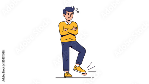 Frustrated cartoon character stepping on painful object in casual wear