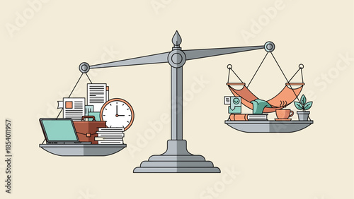 Balancing work and leisure on a scale: conceptual flat design