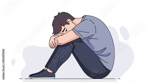 Sad young adult sitting in thoughtful pose in minimalist style