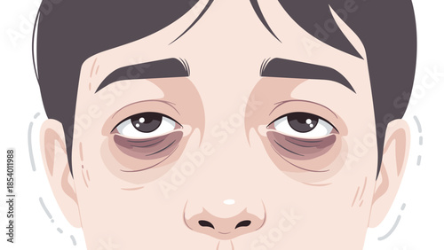 Tired eyes: cartoon close-up of exhausted face with puffy under-eye bags