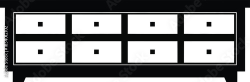 Minimalist black and white long dresser or cabinet with eight drawers and square handles