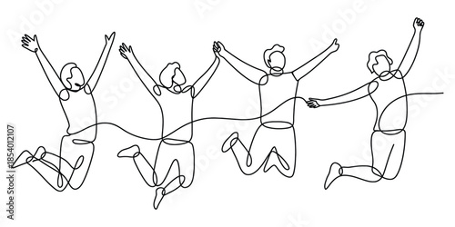 Continuous line drawing of four happy individuals jumping with arms up, celebrating success and freedom