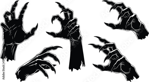 Spooky Monster Claw silhouettes, set of various frightening zombie hands with sharp nails, creepy creature arms and talons, vector illustration content.