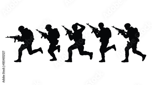 Silhouette of soldiers in action running with rifles and combat gear