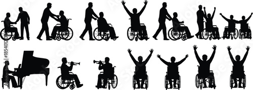 Successful Business Team Silhouette Collection with Laptops, Inclusive Wheelchair Musicians, Travelers with Luggage, Park Nature Scenes, Happy Jumping People, and Fashion Model Poses Vector