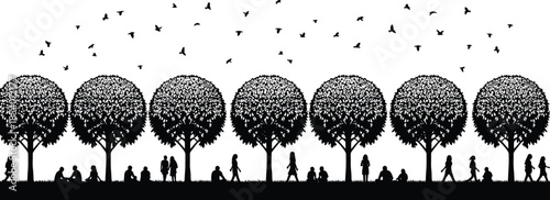 Successful Business Team Silhouette Holding Laptops, Disabled Trumpet Player in Wheelchair Performing for Audience, Modern Park Trees and Birds, Community and Professional Illustration