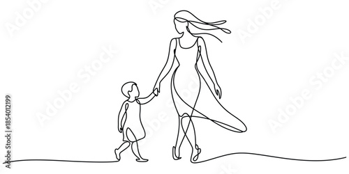 Continuous line art illustration of a loving mother and her child's bond