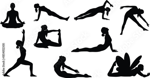 Vector collection of advanced and challenging female yoga silhouettes, featuring difficult handstands, deep backbends, and various complex stretching balance poses for fitness and wellness design.