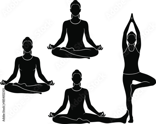 Vector collection of advanced female yoga and Pilates silhouettes, featuring complex headstands, deep backbends, and various challenging stretching and balance poses, 