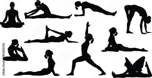 Vector collection of serene female yoga silhouettes, featuring standing warrior, king pigeon, seated meditation, and various relaxing floor stretch poses, ideal for health and wellness design.