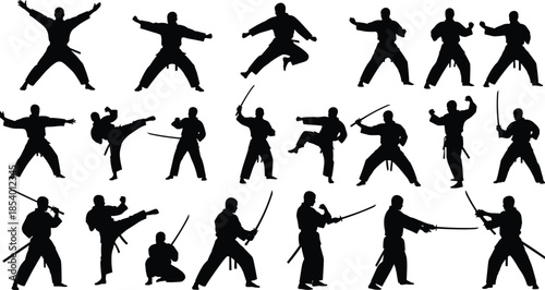 Vector Collection of Black Karate, Kendo, and Ninja Silhouettes in Dynamic Fighting Poses, Including Sword and Katana Techniques, High Kicks, Jumps, and Traditional Training Stances, 