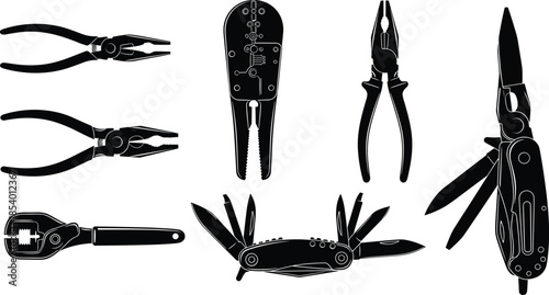 Vector illustration set of hand tools silhouettes including pliers, wire stripper, wrench, and multitool knife, ideal for repair, maintenance, craftsmanship, workshop designs.