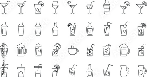 Minimal beverage and drink line icon set featuring cocktails, coffee, tea, juice, beer, wine, soda, smoothies, and bar menu symbols