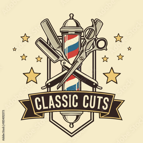 Classic barber shop emblem featuring vintage grooming tools and a striped pole symbolizing traditional hairstyling services for men