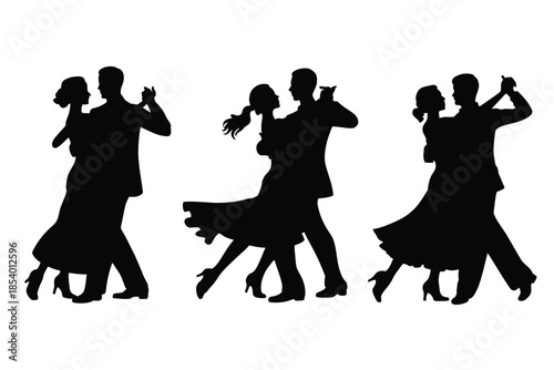 Silhouettes of couples dancing displaying elegant ballroom poses and movement