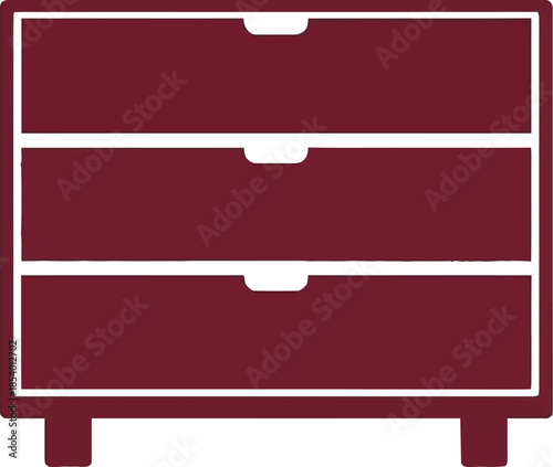 Simple minimalist icon of a three-drawer chest in a striking dark red hue