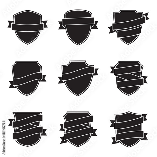 Black shield badge logo collection with ribbon banner, vintage heraldic emblem shapes, empty crest frames for branding, classic insignia, security badge, award emblem, retro label vector set 