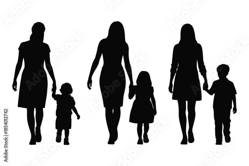 Family silhouettes walking together mother children and a little boy