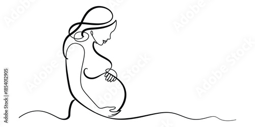 Elegant continuous line drawing of a pregnant woman tenderly holding her baby bump
