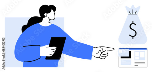 Person using tablet and pointing towards money bag and financial dashboard, symbolizing digital finance, business strategy, revenue generation, and online growth. Ideal for fintech concepts