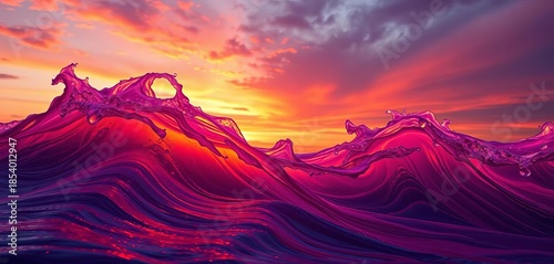 Fiery orange and purple hues paint abstract, swirling wave forms at sunset,  serene,  peaceful