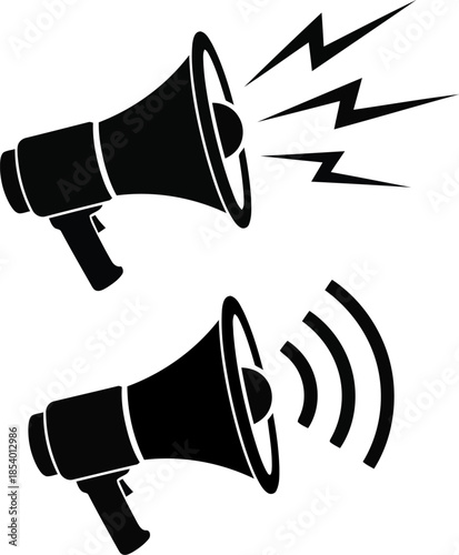 Two black megaphones with sound waves and lightning on white background for communication and announcement concepts