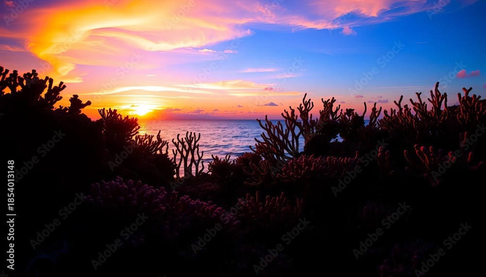 Obraz premium Intricate silhouettes of diverse coral species against a vibrant sunset, nature photography, wildlife