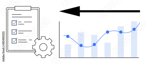 Business analytics. Business analytics with bar graphs, line charts, and checklist elements. Business analytics for data tracking, process improvement, and project performance. Data management