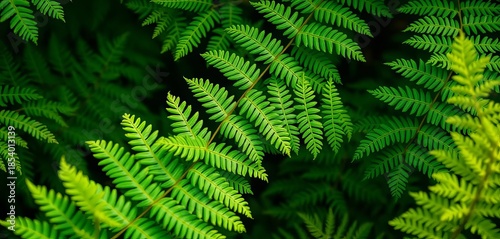 Intricate fern fronds, varied textures, soft light, creating lush green background,  design,  light