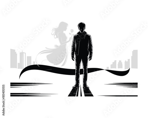 Man standing alone in cityscape with flowing cape