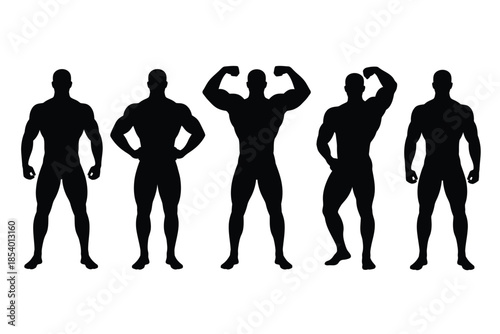 Silhouette of five muscular men posing in various bodybuilding stances