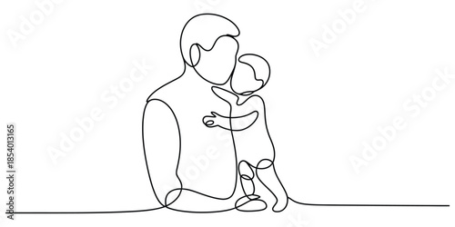 A continuous line art drawing depicting a heartwarming embrace between a father and child