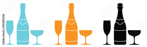 Refreshing Beverage Brand Logo Design.Colorful wine and champagne bottles with glasses icons.
