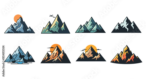 Collection of stylized mountain range illustrations with sunset and flight elements