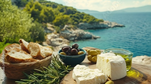 Mediterranean Delights: Coastal Cheese, Olives, and Bread