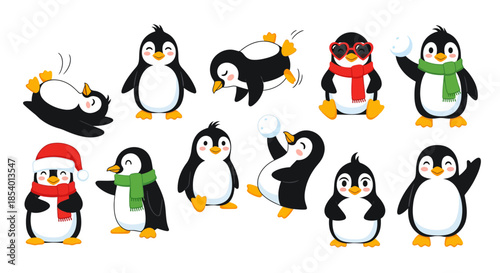 Cute cartoon penguins in various playful poses, enjoying winter activities and holidays