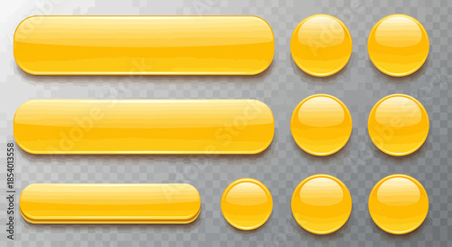 Glossy Yellow Round and Rectangular Buttons Set Isolated on Grey Background